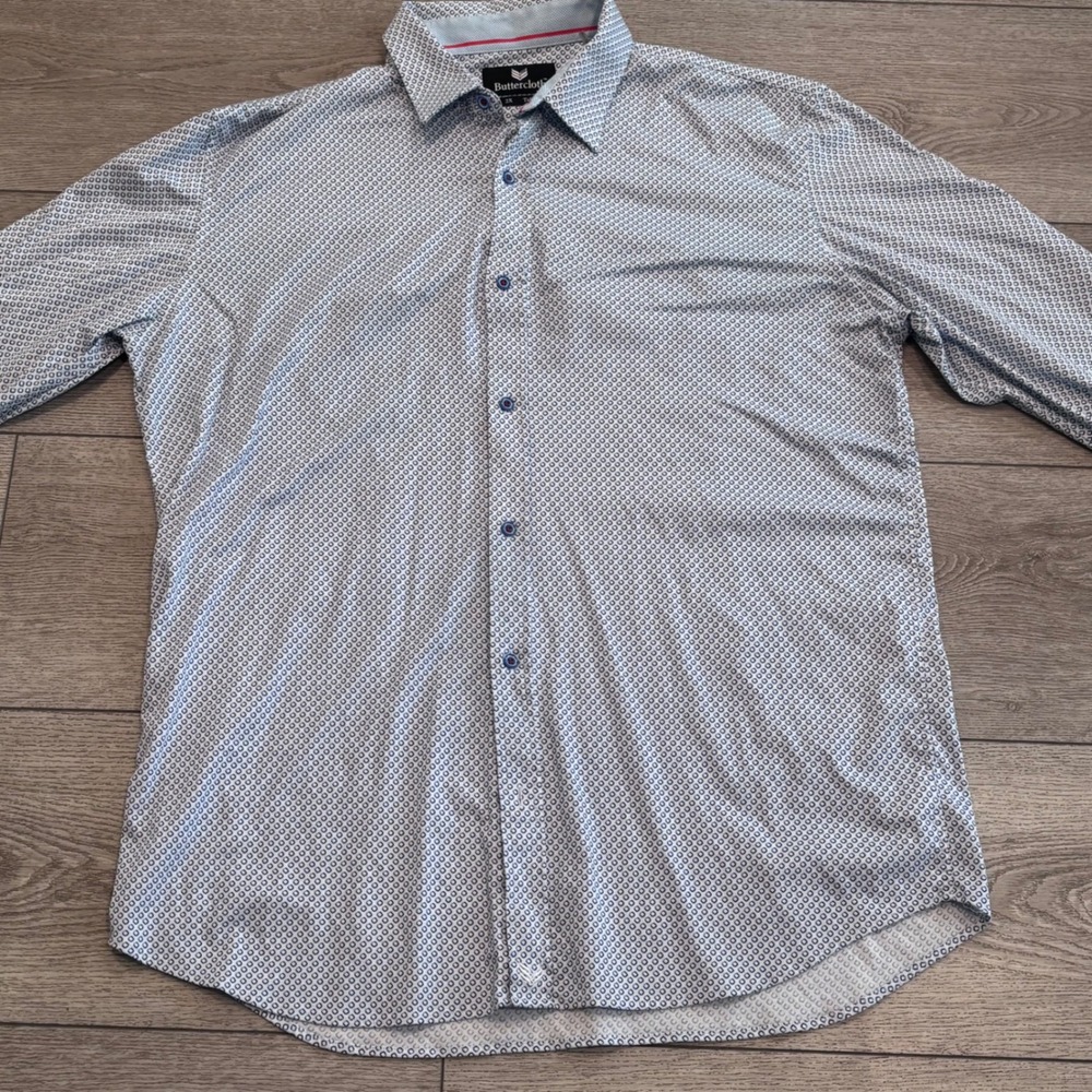 Buttercloth Button Down Shirt Mens 2X Tall White Blue Geometric Preppy Casual - Picture 1 of 9